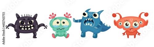 Cute Little Monsters with Horns and Big Eyes Expressing Emotion Vector Set