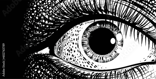 The eye is drawn in a dotted black and white vector illustration art