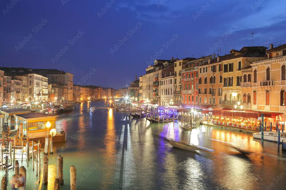 Amazing night cityscape of Venice with famous Canal Grande and Rialto Bridge
