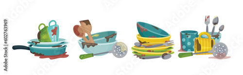 Piles of Dirty Dishes and Utensils with Plates and Cups Vector Set