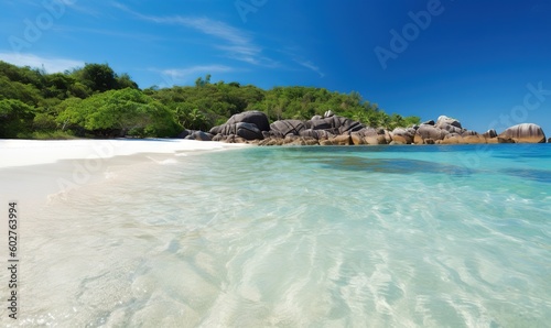  a sandy beach with clear blue water and boulders in the background. generative ai