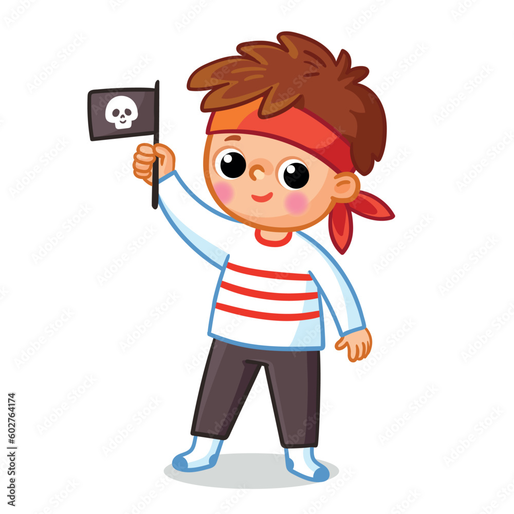 Little boy dressed up as a pirate and plays. Vector illustration in cartoon style.