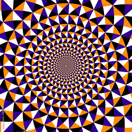 Optical illusion circular pattern of many pyramids. Vibrating colorful background design.