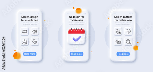 Couple, Wedding glasses and Hold heart line icons pack. 3d phone mockups with calendar. Glass smartphone screen. Web love, Search love, Kiss me web icon. Heart pictogram. For web app, printing. Vector
