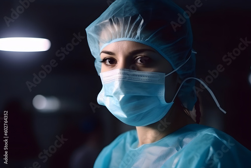 Portrait of surgeon in facial mask, blue gown and cap, Generative AI