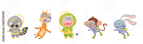 Cute Animal Swimming Underwater with Snorkeling Tube and Goggles Vector Set