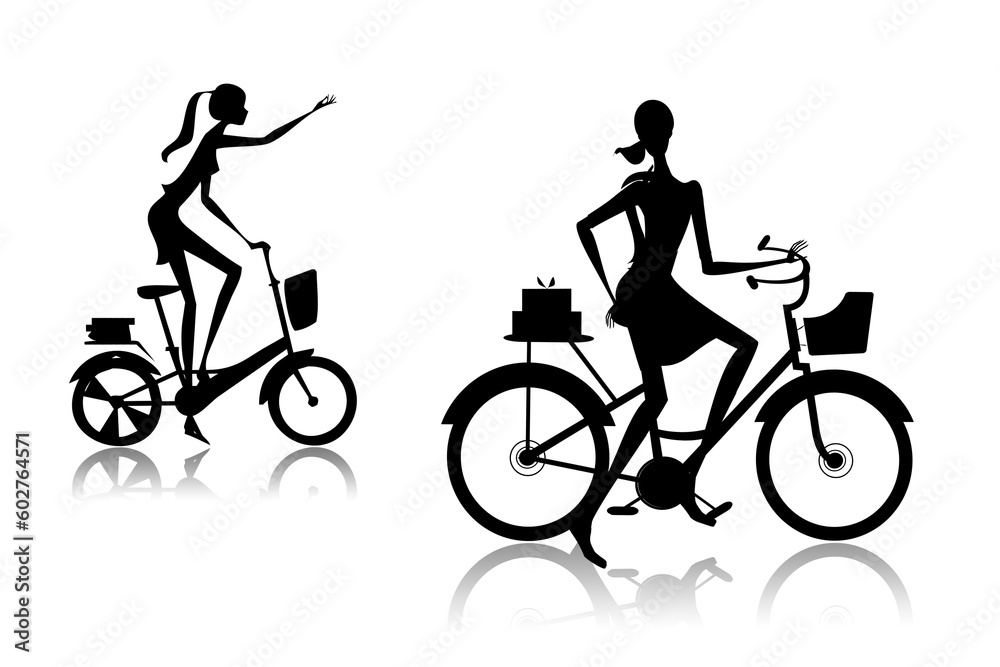 The woman going on a bicycle with purchases from shop The woman going on a bicycle with purchases from shop