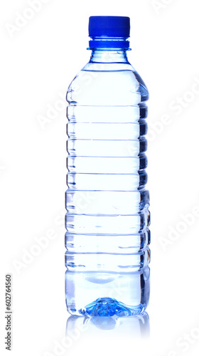 Bottle of water. Isolated on white, soft reflection.
