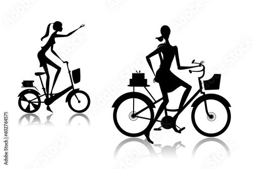 The woman going on a bicycle with purchases from shop