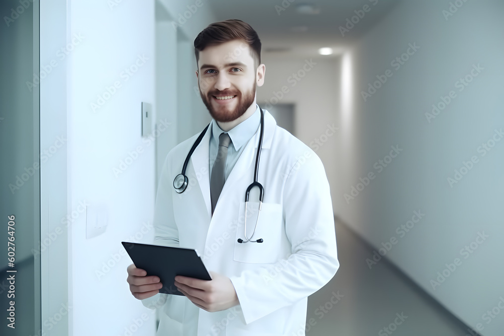 Smiling portrait of doctor in white coat, Generative AI Smiling portrait of doctor in white coat, Generative AI