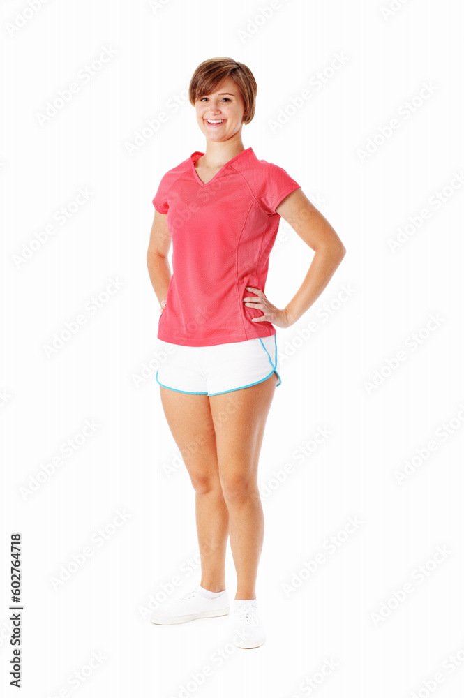 Pretty, fit, young woman isolated on white, from a complete series of photos. Pretty, fit, young woman isolated on white, from a complete series of photos.