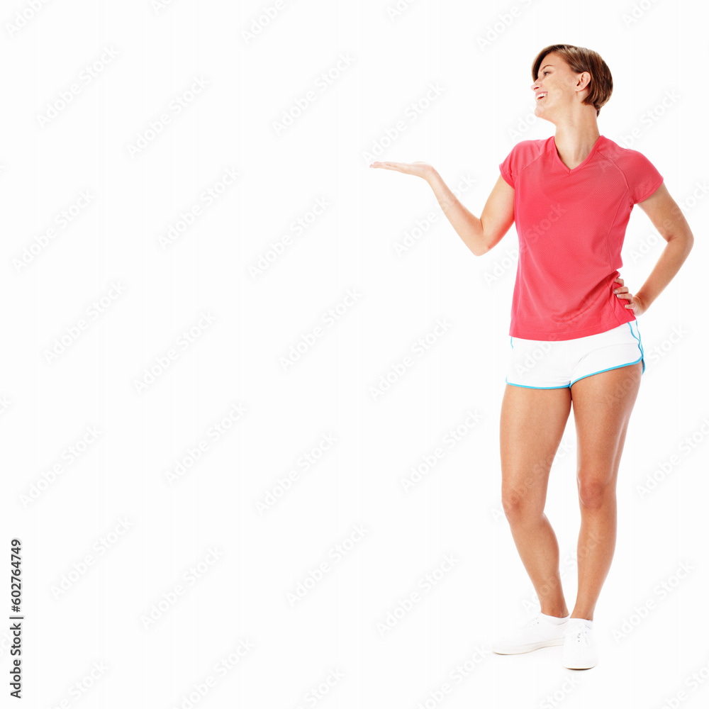 Young fit woman isolated on white presenting to empty copyspace, from a complete series of photos. Young fit woman isolated on white presenting to empty copyspace, from a complete series of photos.