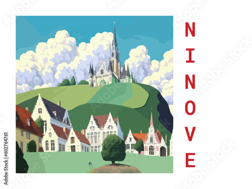 Ninove: Vintage travel poster with an Belgian landscape and the title Ninove photo