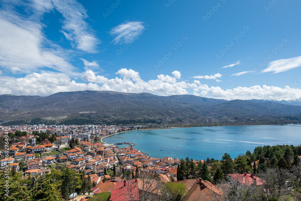 Aerial view of Ohrid Lake, city of Ohrid. Ohrid is a Macedonian resort and famous tourist destination under the auspices of UNESCO