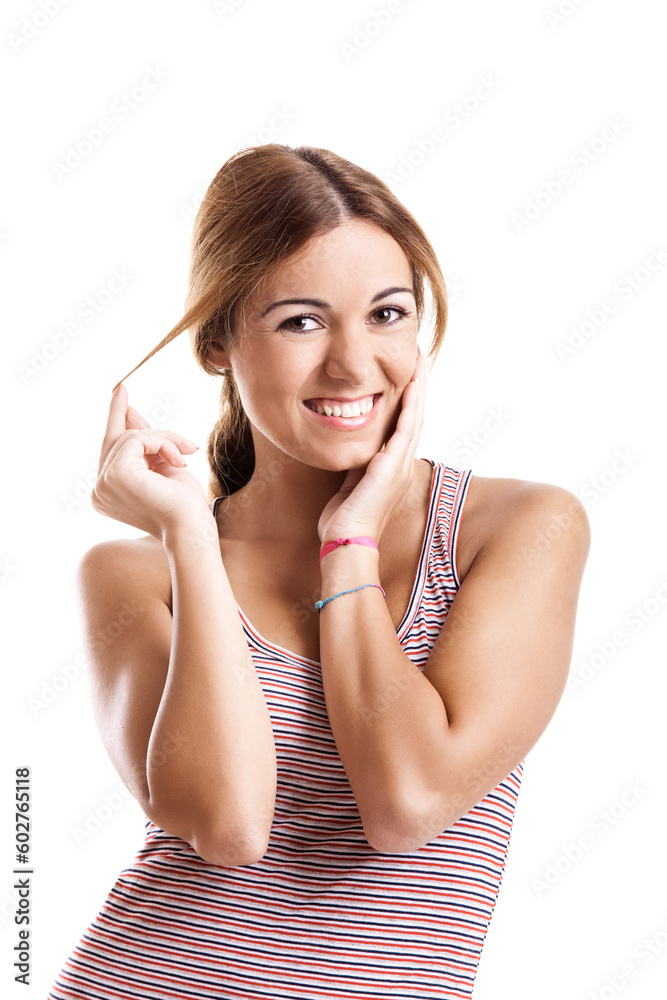 Portrait of a beautiful and happy woman isolated on white