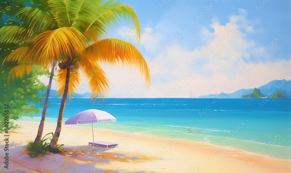  a painting of a beach with a white umbrella and a chair.  generative ai