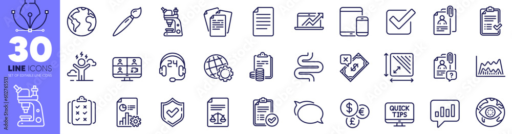 Cyber attack, File and Web tutorials line icons pack. Approved checklist, Analytical chat, Microscope web icon. Brush, Rule, Mobile devices pictogram. Confirmed, Search employee, Accounting. Vector