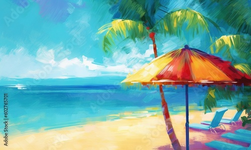  a painting of a beach with chairs and an umbrella on it. generative ai