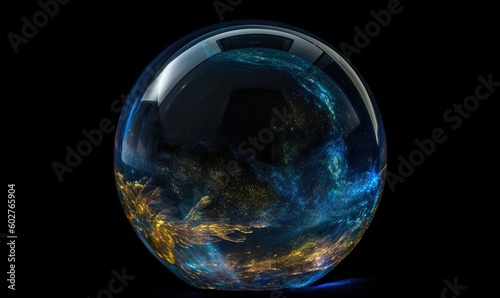  a glass sphere with a blue and yellow design on it.  generative ai