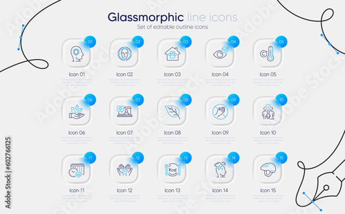 Set of Leaf, Medical help and Psychology line icons for web app. Dont touch, Celsius thermometer, Bicycle helmet icons. Calories, Family insurance, Cardio calendar signs. Stress. Vector
