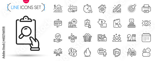 Pack of Printer, Credit card and Fake news line icons. Include Fire energy, Edit statistics, User notification pictogram icons. Tickets, Chess, Work home signs. Check investment, CalendarSquad. Vector
