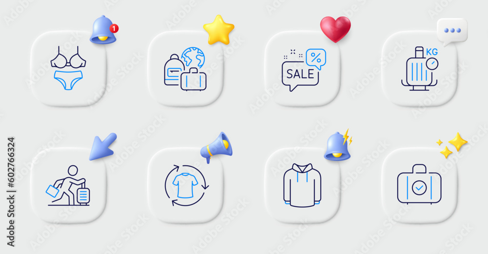 Travel delay, Change clothes and Hoody line icons. Buttons with 3d bell, chat speech, cursor. Pack of Baggage scales, Carry-on baggage, Discounts bubble icon. Lingerie pictogram. Vector Travel delay, Change clothes and Hoody line icons. Buttons with 3d bell, chat speech, cursor. Pack of Baggage scales, Carry-on baggage, Discounts bubble icon. Lingerie pictogram. Vector