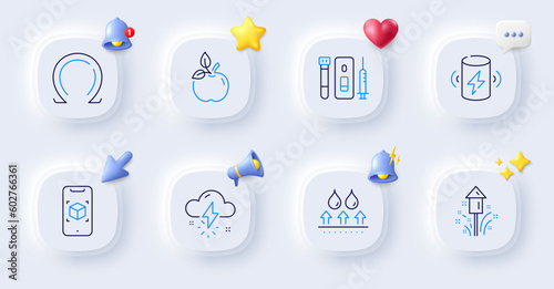 Fireworks, Augmented reality and Waterproof line icons. Buttons with 3d bell, chat speech, cursor. Pack of Blood and saliva test, Thunderstorm weather, Omega icon. Vector