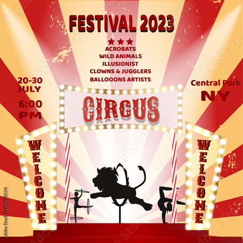 Vintage circus poster advertising. Carnival banner background 
