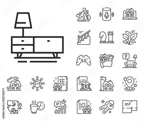 Home furniture sign. Floor plan, stairs and lounge room outline icons. Dresser line icon. Modern commode symbol. Dresser line sign. House mortgage, sell building icon. Real estate. Vector