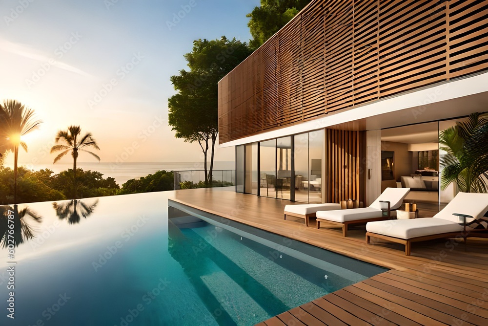 A stunning outdoor terrace with a pool, comfortable loungers, and a panoramic view of lush gardens or a serene ocean.