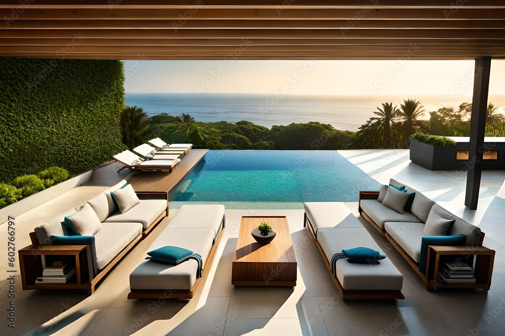 A stunning outdoor terrace with a pool, comfortable loungers, and a panoramic view of lush gardens or a serene ocean.