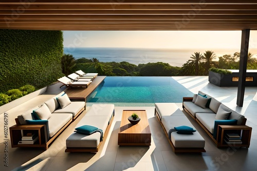 A stunning outdoor terrace with a pool  comfortable loungers  and a panoramic view of lush gardens or a serene ocean.