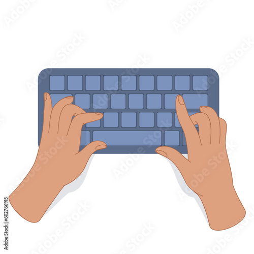 Hands typing on the keyboard top view. Stylized illustration on a white background.