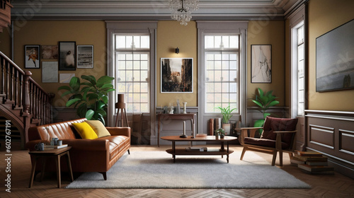 an elegant American living room in 1950s style - generative AI © Uolir