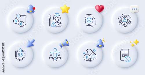 Wrong file, Coronavirus and Nurse line icons. Buttons with 3d bell, chat speech, cursor. Pack of Ph neutral, Phosphorus mineral, 3d app icon. Currency rate, Ethics pictogram. Vector