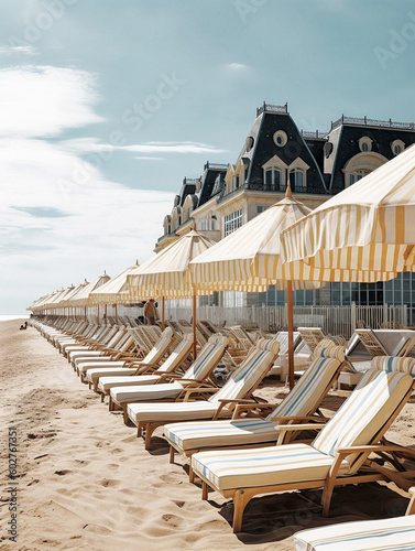 beach umbrellas and lounge chairs on a normandy beach in Cabourg style - generative AI
