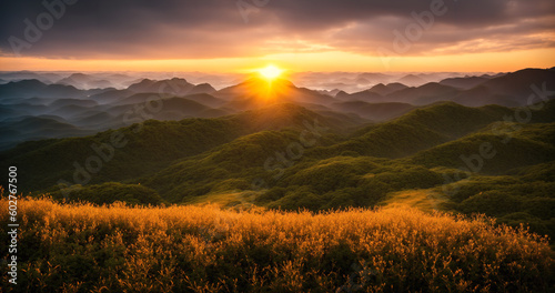 vibrant colors of a sunset over a valley, with a majestic mountain range in the distance. The foreground showcases a serene meadow bathed in the warm glow of the setting sun. Generative AI