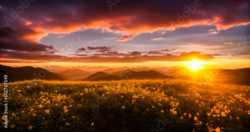 landscape photograph of a sunset illuminating the sky  casting its golden rays over a valley nestled between majestic mountain peaks. Generative AI