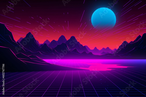 Neon retrowave or synthwave background with grid and sun. generative ai