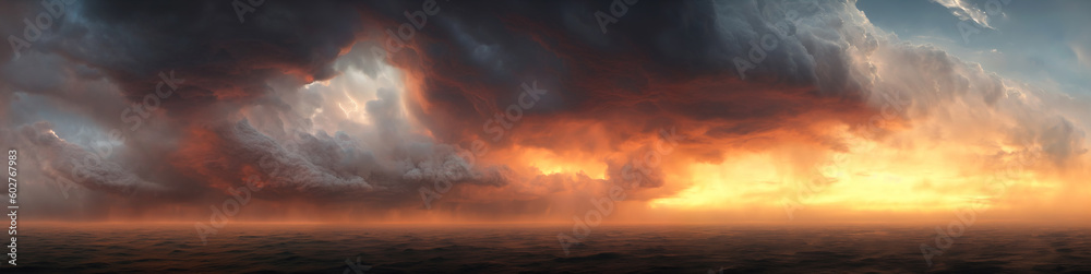 panoramic illustration capturing the beauty of a cloudscape over the ocean, with orange-hued storm clouds illuminated by the sunset. Generative AI
