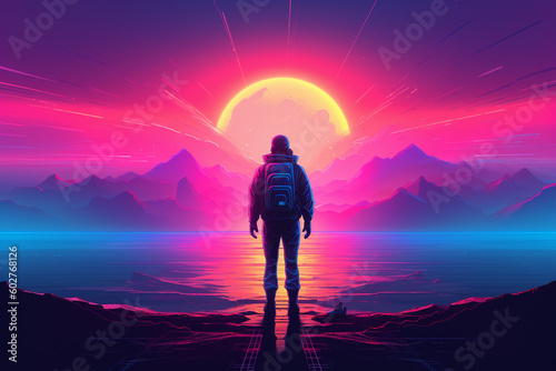 Neon retrowave or synthwave background with a man sitting on top of mountain lookin to the horizon. generative ai.