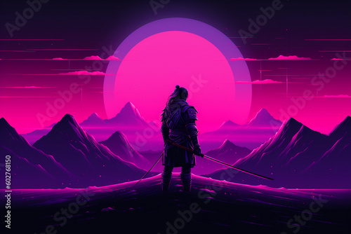 Neon retrowave or synthwave background with a man sitting on top of mountain lookin to the horizon. generative ai. photo