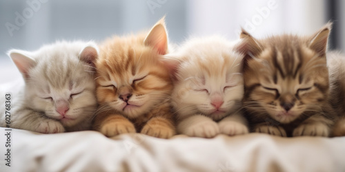 Murais de parede A group of kittens are sleeping on a bed. Generative AI.