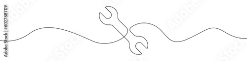 Wrench line continuous drawing vector. One line Wrench vector background. Wrench icon. Continuous outline of Wrench. Wrenches linear design.