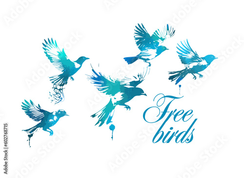 A flock of blue watercolor flying birds. Free birds abstraction Vector illustration