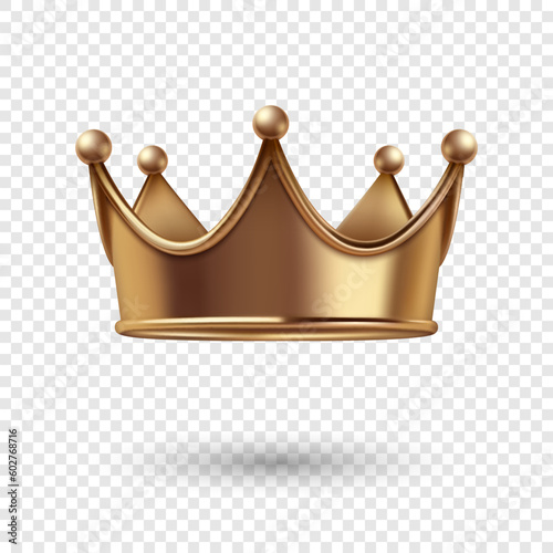 Vector 3d Realistic Golden Crown Icon Closeup Isolated. Yellow Metallic Crown Design Template. Gold Royal King Crown. Symbol of Imperial Power. Luxury, Wealth and Power. Front View