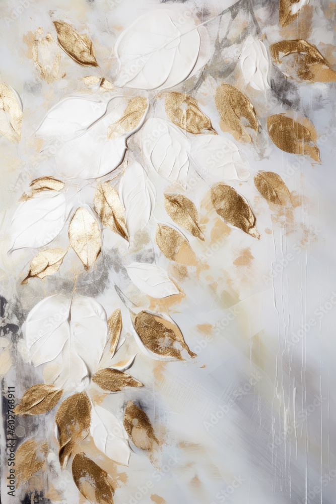 Gold leaves oil painting. Gold floral background. Generative AI.