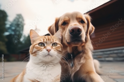 Dog and cat are friends and take a selfie while sitting together in clothes, generative ai © Gizmo