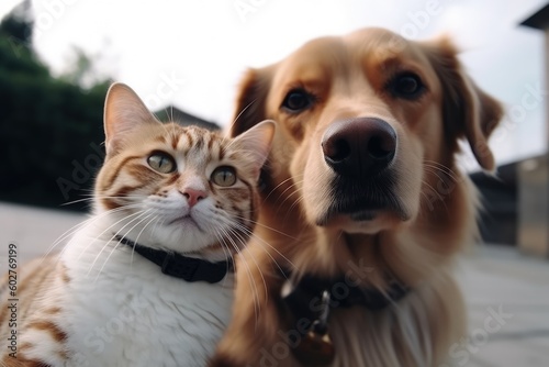 Dog and cat are friends and take a selfie while sitting together in clothes, generative ai