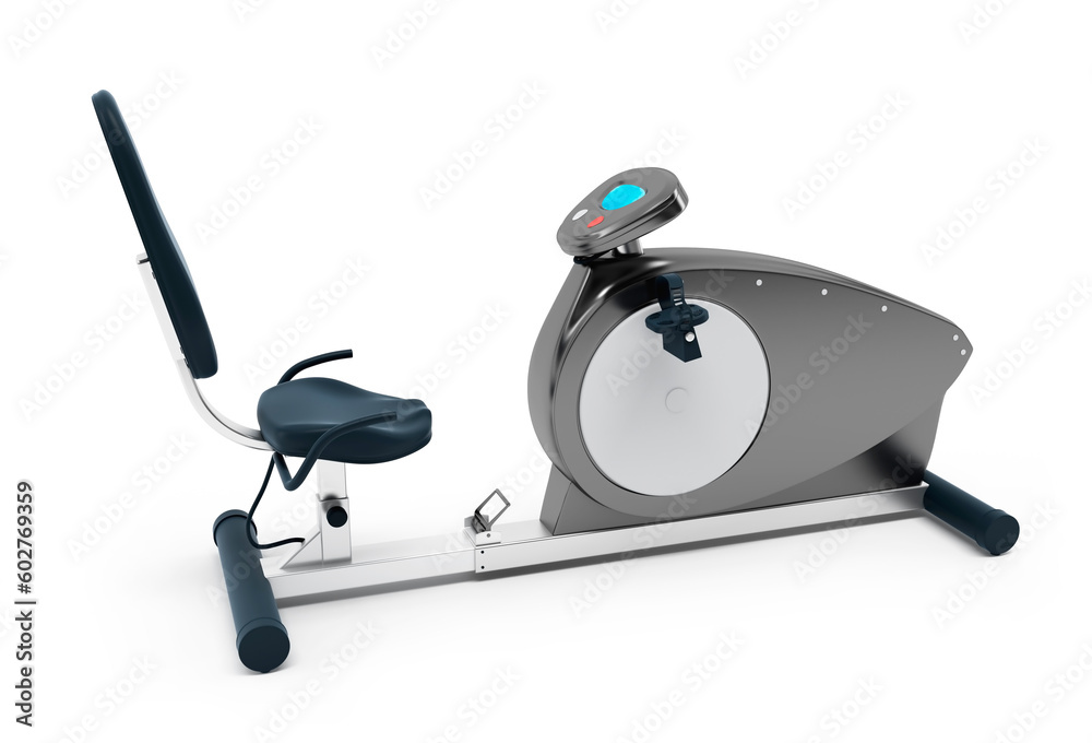 Stationary bicycle over white background. Isolated, high resolution 3D Render.